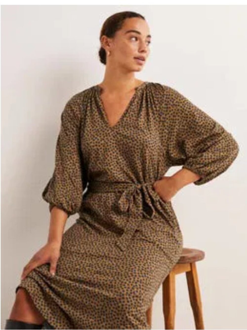 Boden Flora Flutter Tan and Navy Tie-Waist Midi Dress